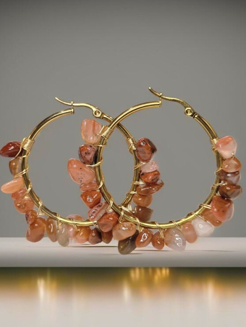 18k Gold Plated Genuine Carnelian Agate Hoop Earrings